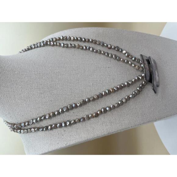 Double Strand Grey Freshwater Pearl Necklace with Modern Sterling Silver Pendant - Picture 4 of 8